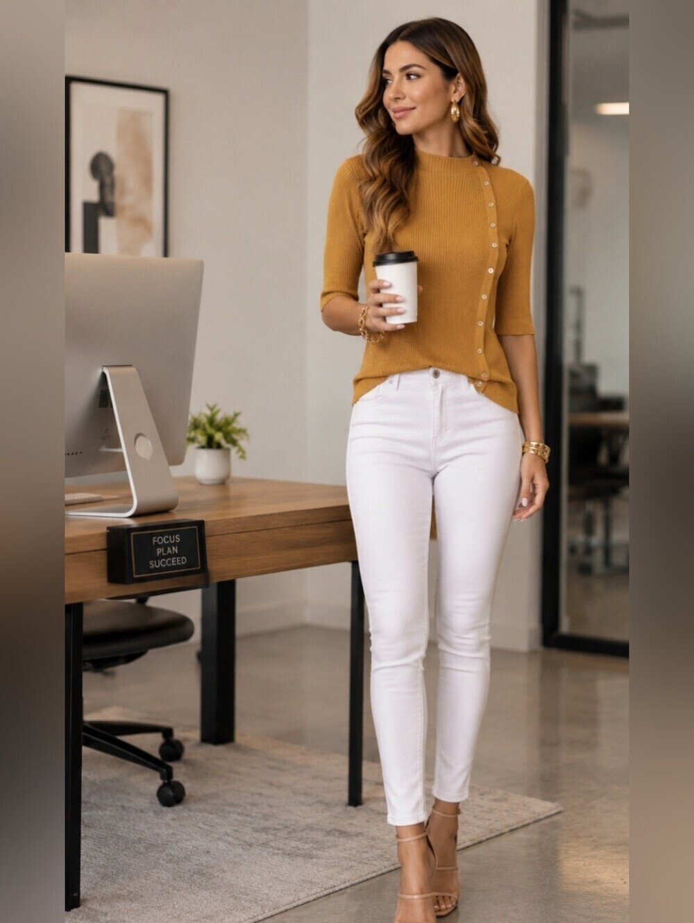 Classic Office Ribbed Button Short Sleeve Basic Workwear Neutral Sweater Top L